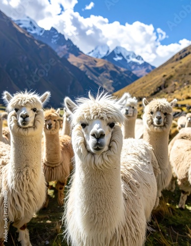 A herd of alpacas poses against a mountain backdrop, the animals with varying fur colors against snowy peaks and a blue sky with fluffy clouds