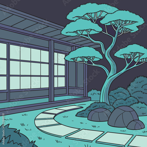 Japanese garden with a tree and stepping stones zen garden