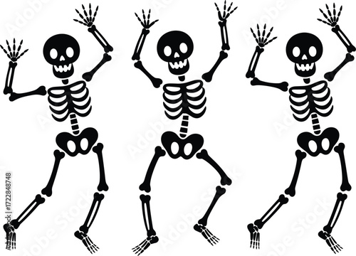 Three Dancing Skeletons Halloween Party Celebration Black Silhouette vector illustration