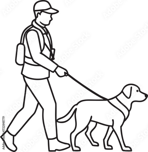 Man walking a dog on a leash outline vector illustration