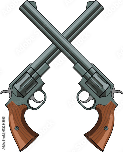 Two Crossed Revolver Handguns With Wooden Grips pistol firearm