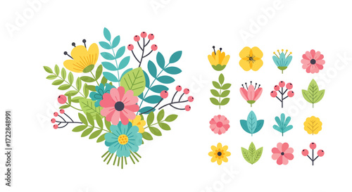 A vibrant collection of flat design floral elements and a beautiful bouquet arrangement isolated on a white background.