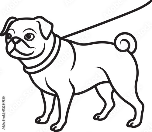 Outline Drawing of a Pug Dog on a Leash puppy cartoon