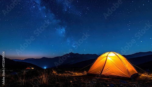 Lit tent glows warmly against a dark, starry night sky with distant mountains. Landscape view evokes adventure and serenity