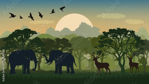 Vector forest scene with deer, elephants and birds, with bright sky celebrating World Animal Day.