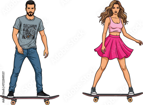 Cartoon Skateboard Icons Featuring Man and Woman Riding Boards, Youthful Mood, Street Style Theme, and Urban Lifestyle Scene