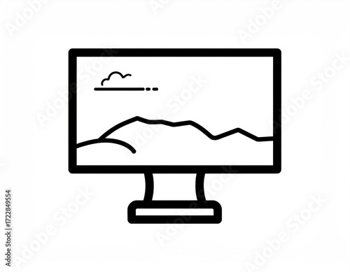 A minimalistic line drawing of a monitor displaying a simple landscape scene with mountains and a cloud, against a plain white background