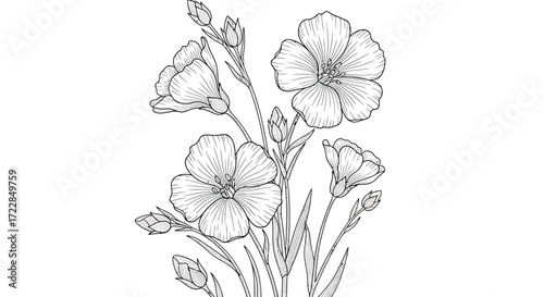 Detailed drawing of flax flowers and buds in black and white.
