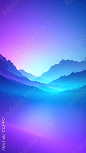Soft, blurred mountains stretch into a gradient sky from purple to blue, illuminated by an ethereal light that creates depth and atmosphere