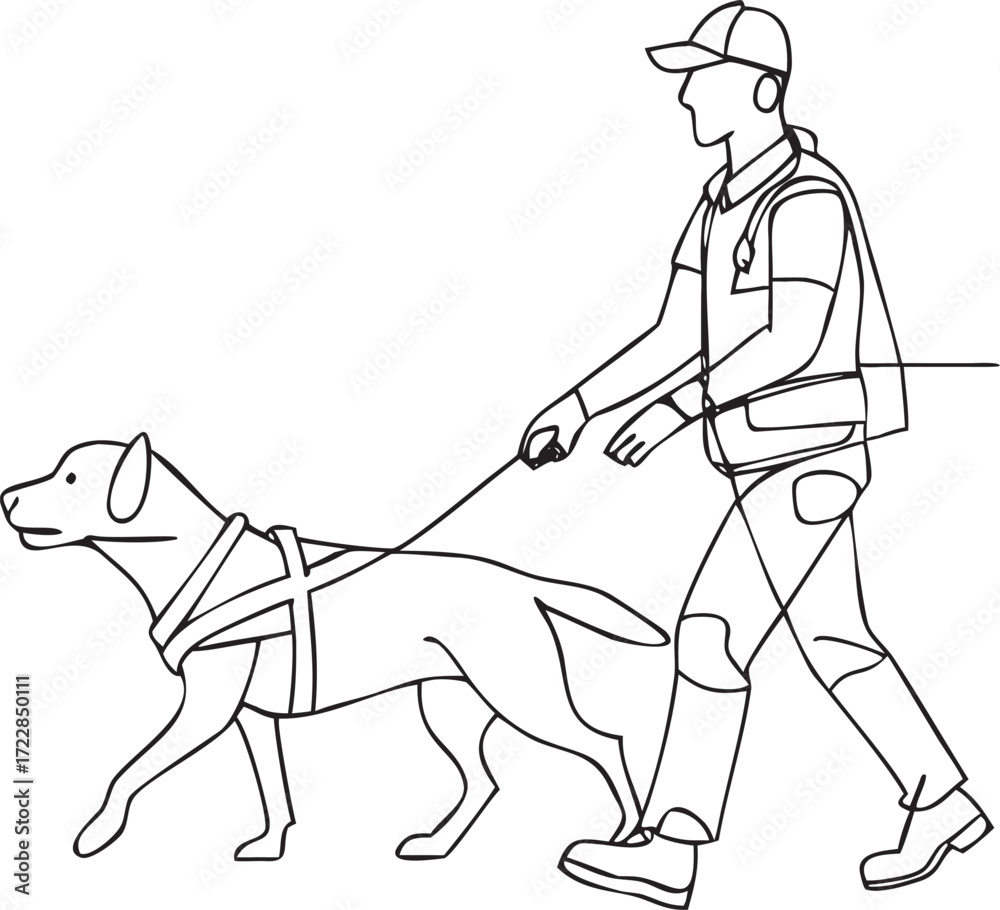Fototapeta premium Person Walking a Dog with Harness on a Leash Outline
