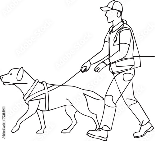Person Walking a Dog with Harness on a Leash Outline