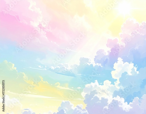 Dreamy sky scene with soft pastel colors in pinks, yellows, blues, and lavender forming fluffy clouds lit by a bright, diffused, sunlit glow