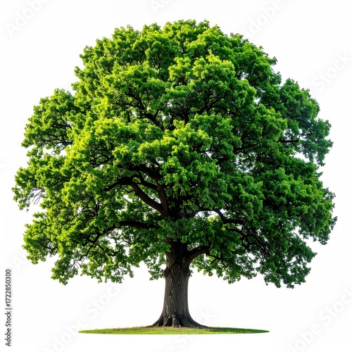 A lush, full tree with vibrant green leaves stands against a stark white backdrop, showcasing its form. Visible trunk and branches