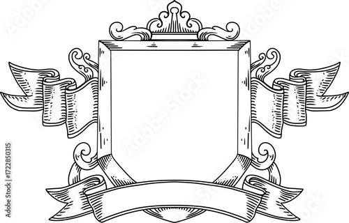 featuring an ornamental and shield design with classic carvings for the logo