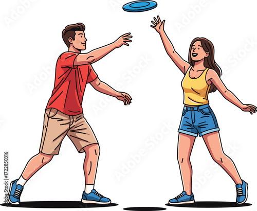 Cartoon Sports Icons Featuring Man Throwing and Woman Catching Frisbee, Playful Mood, Outdoor Activity Theme, and Motion Scene