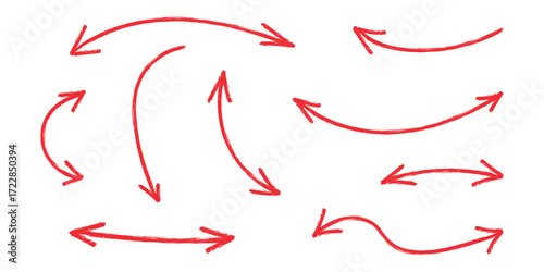 Hand drawn crayon movement arrow collection. Grunge squiggly arrow set. Pencil chalk lines sketch. Red brush scribble element set. Doodle vector illustration.