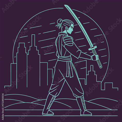 Samurai Warrior with Katana in Front of City Silhouette
