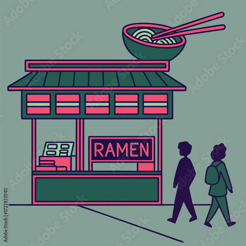 Ramen shop with people walking by food restaurant