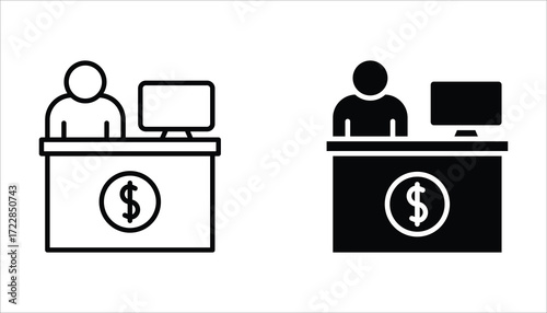 Bank teller icon set, flat illustration of vector icon on white background.