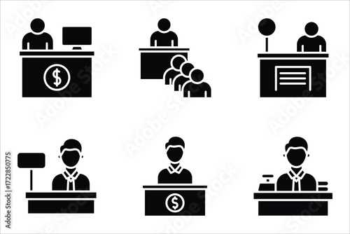 Bank teller icon set, flat illustration of vector icon on white background.