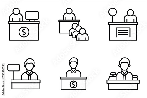 Bank teller icon set, flat illustration of vector icon on white background.