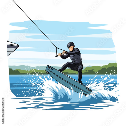 Experience the thrill of wakeboarding on a sunny day, perfect for adventurous souls seeking watersport excitement with splashes and outdoor lifestyle fun
