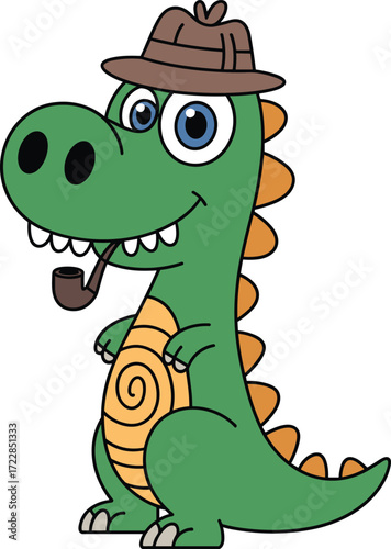 Cute dinosaur detective wearing a fedora hat, smoking a pipe, looking for clues, solving mysteries, funny cartoon character illustration.