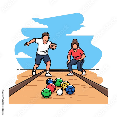 Energetic man and woman playing bocce ball on a sunny day with colorful balls scattered on the court