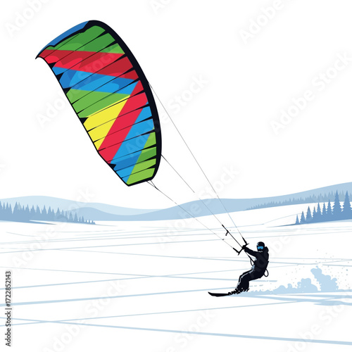 Dynamic winter kitesurfer glides across frozen landscape, embracing exhilarating snow sport adventure under vast sky
