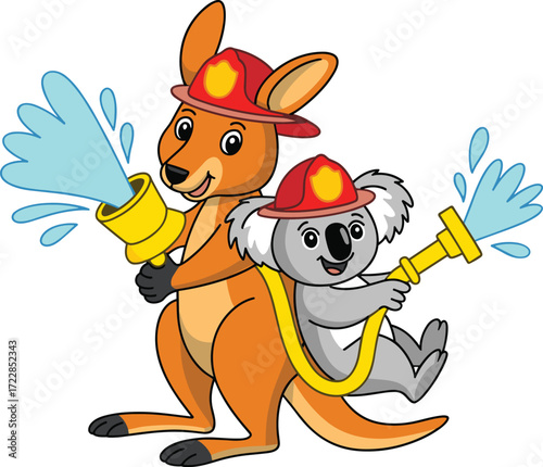 Australian firefighter animals, kangaroo and koala wearing fire helmets, holding fire hoses, squirting water, teamwork, wildland fire, cute cartoon characters, friendly animal illustration.