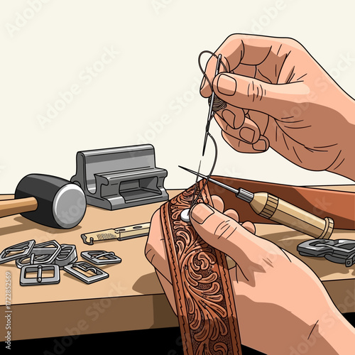 Skilled artisan meticulously handcrafting intricate leather belt with traditional tools and ornate tooling, showcasing dedication to craftsmanship and quality.