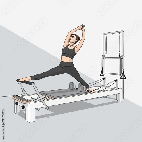 Dynamic woman performing a challenging Pilates reformer exercise for core strength and flexibility in a modern studio setting