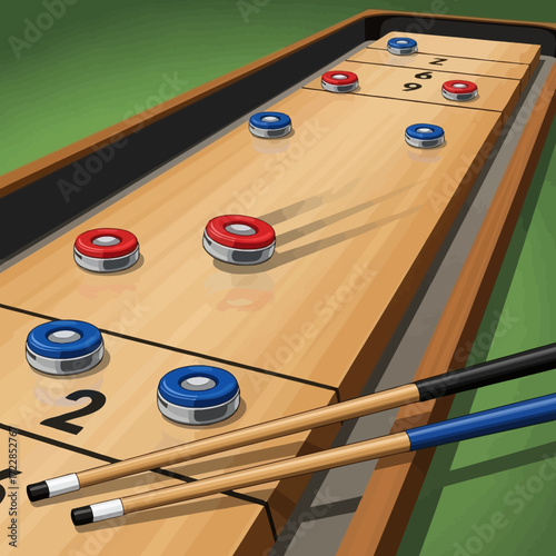 Dynamic shuffleboard game with vibrant red and blue pucks poised for action on a polished wooden court