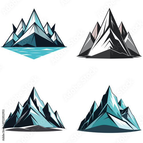 vector set of snowy mountains and icebergs isolated on white background