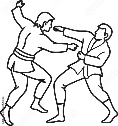 Two men in martial arts uniforms practicing combat