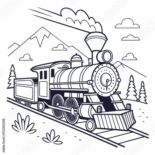 Vintage steam train traveling through mountains and trees