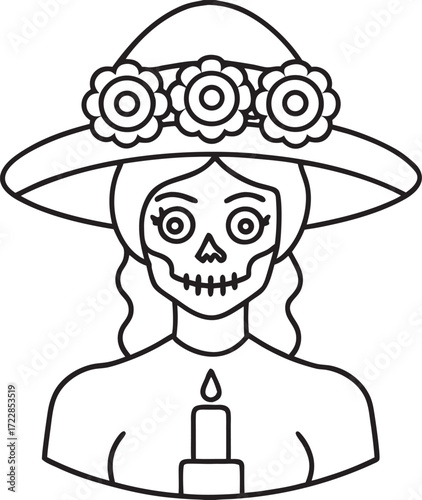 Woman with skull face and flowers holding a candle