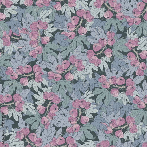 Seamless repeating pattern imitates an intricate tapestry showcasing nature's beauty with picturesque fig branches with large leaves and ripe fruits in rich, earthy color palettes with Layered details