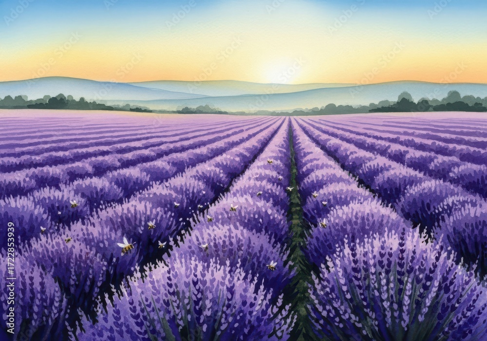 Obraz premium Watercolor painting of a vast lavender field at sunset with rolling hills in the background, provence landscape