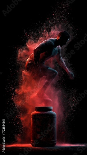 Exploding creatine jar with powder forming athlete silhouette, dynamic motion, dramatic lighting, vertical composition