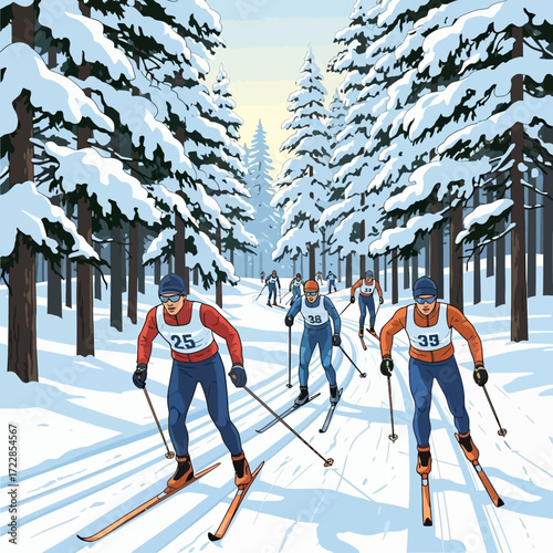 Athletes race through a snowy winter forest on a bright, sunny day, showcasing determination and athletic pursuit.