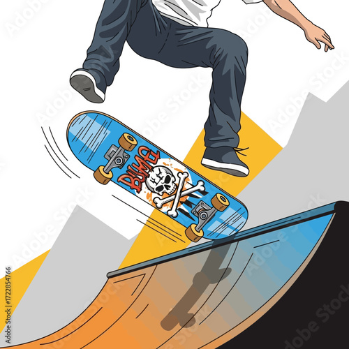 Dynamic skater performing impressive trick on halfpipe, vibrant colors and bold design capture youthful energy and urban lifestyle with a skull graphic on board