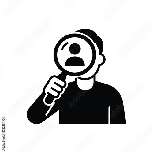 Flat icon of person looking through magnifying glass