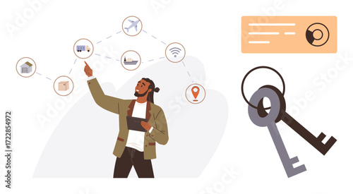 Man holding tablet interacting with smart home controls linked to icons for security, lighting, temperature, and connectivity. Keys symbolize access control. Ideal for automation, IoT, technology