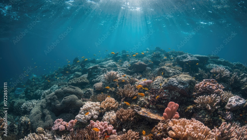 Fototapeta premium Vibrant coral reef teeming with life, showcasing a diverse array of colorful corals and fish in a sunlit underwater scene.