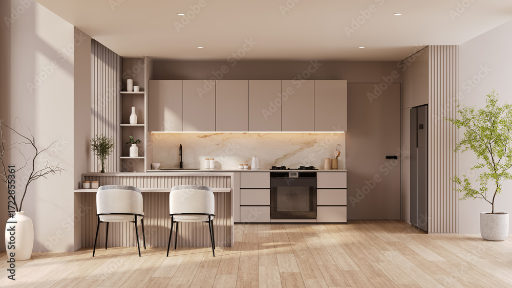 Fototapeta premium Modern kitchen interior with a stylish island, bar stools, Luxury home design with marble backsplash.3d render