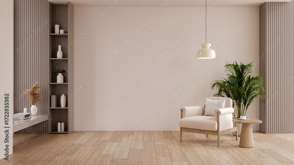 Fototapeta premium Minimalist home decor background with blank wall, shelving and copy space..3d render