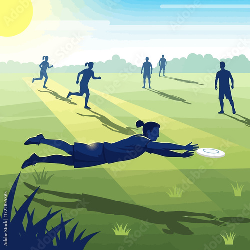 Dynamic action illustration of ultimate frisbee game under sunny skies, with players running and diving for the disc in a field of green