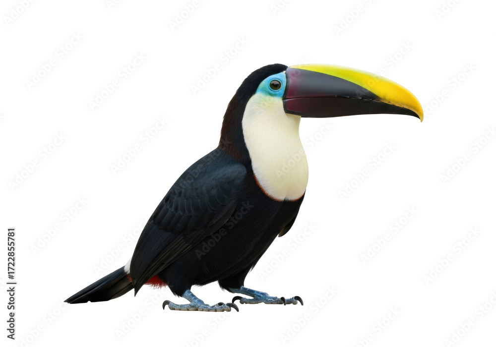 Fototapeta premium A large tropical toucan with charcoal grey and ivory matte plumage, a bright banana-yellow beak, centered on a transparent background with copy space, professional studio lighting, concept of colorful