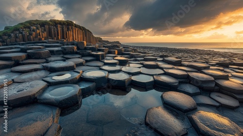 The unique hexagonal basalt columns of Giant's Causeway in Northern Ireland at low tide, wet and reflecting the dramatic sky, intricate geometric patterns, hyper-detailed textures.